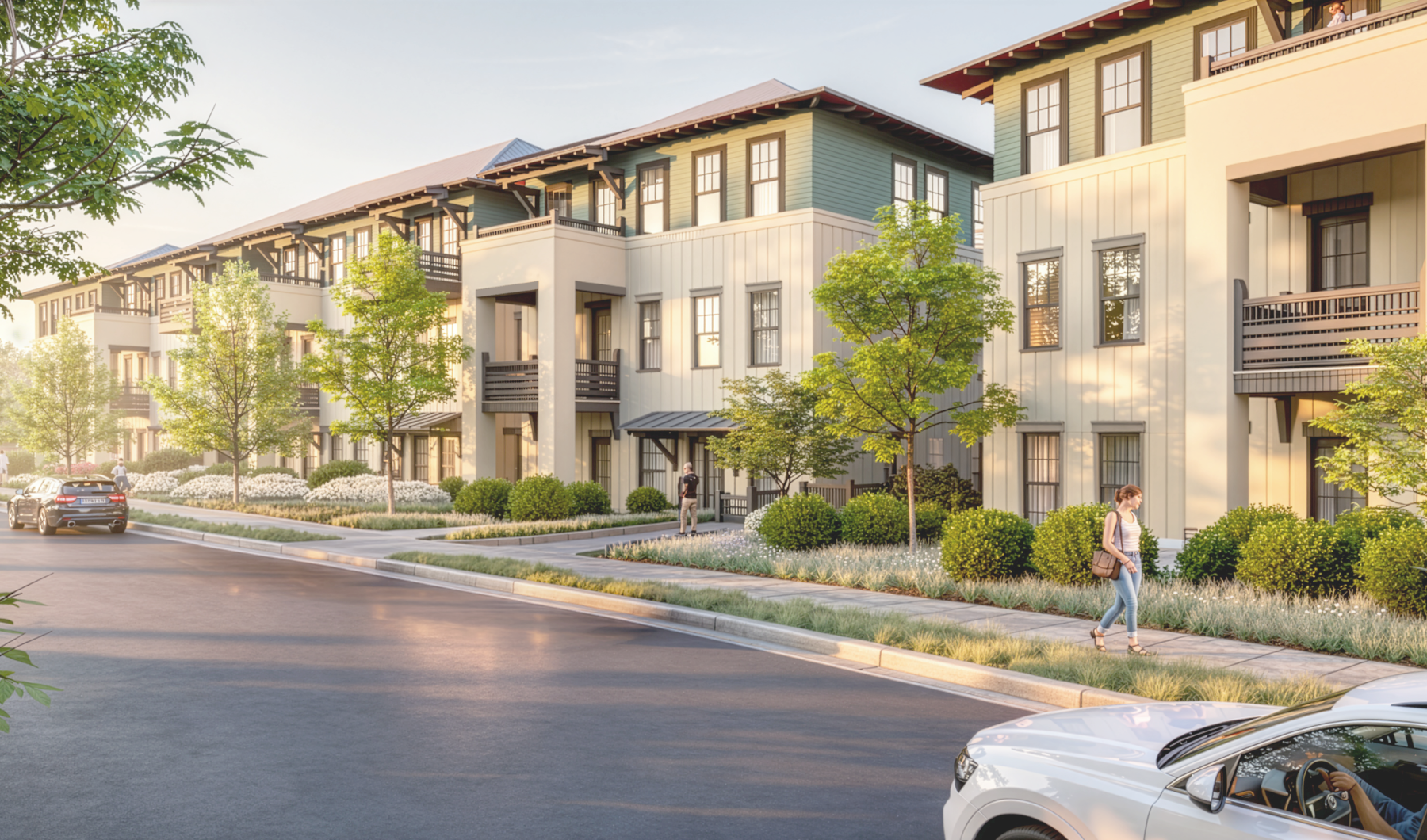 a line of stylish apartment buildings