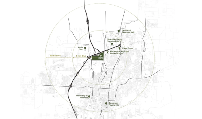 an aerial map of the central location of Drake Farms and surrounding points of interest